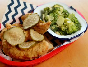 Southern tenders with broccoli and almond salad.
