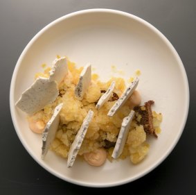 Yuzu sorbet with curd, meringue and spice cake.