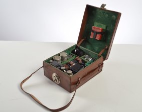 A Leica II kit including camera No. 838374 (1932) in a fitted leather suitcase with Summitar, Elmar and Hektor lenses, Leica cassettes, sunshade, filter and lens cap. Estimates $2000 to $3000. 

