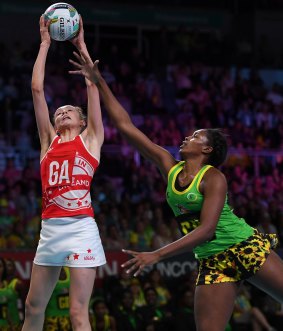England's Helen Housby (left) and Jamaica's Stacian Facey during the Fast5 Netball World Series final.