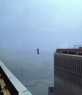 The real thing: Petit walks between the Twin Towers in 1974.