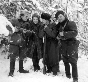 Faye Schulman and friends in the forest near Lenin in 1944.