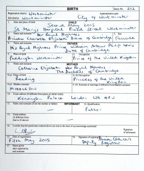 This picture shows the birth certificate of Princess Charlotte of Cambridge, signed by her father, Prince William, Duke of Cambridge at Kensington Palace.