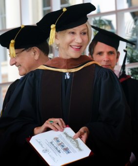 Academy Award-winning actress Helen Mirren reacts after receiving an honorary doctorate degree from the University of Southern California in Los Angeles on Friday, May 12, 2017. She received an additional doctorate from Tulane University last weekend.