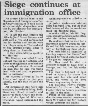 <i>Sydney Morning Herald</i> coverage of the Albury immigration office siege, August 2, 1986.