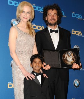Winner of best first film: Garth Davis with Nicole Kidman and Sunny Pawar at the Directors Guild of America Awards in Beverly Hills on February 4.