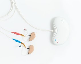 The Incus device includes a pocket-sized, white heart-shaped box that allows users to wirelessly tune their hearing aids through their phones.