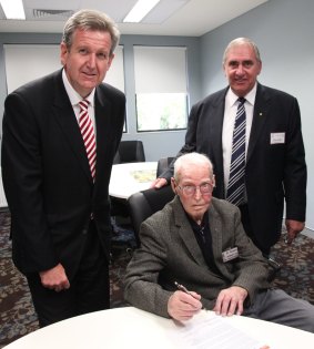 Father Ignatius Tyson Doneley at the launch of the Tyson Doneley Scholarship
appeal in 2012 with Barry O'Farrell and John Fahey.