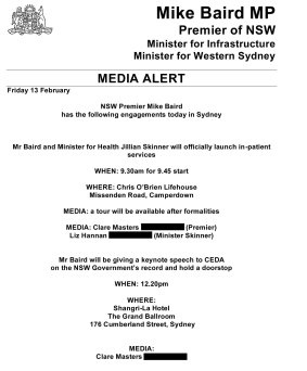 Mention of the Prime Minister's attendance was notably absent from Mike Baird's media alert on Friday.