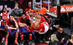 Slamming: Russell Westbrook dunks in the first quarter.