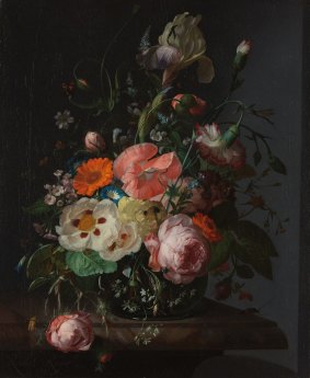 Rachel Ruysch's Still Life with Flowers on a Marble Tabletop (1716).