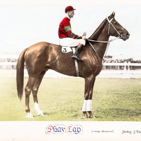 Phar Lap with jockey Jim Pike, original hand-coloured photograph. Sold for $948.