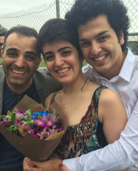 Mojgan Shamsalipoor after her release from detention in September 2016, with her brother Hossein and husband Milad Jafari.