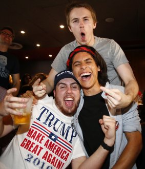 Donald Trump fans cheer at the United States Studies Centre at the University of Sydney on November 9, 2016 in Sydney, Australia. 