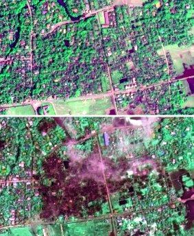 The town of Maungdaw, Myanmar, in January 2014, top; and on September 2. Human Rights Watch says predominantly Rohingya homes were destroyed. 