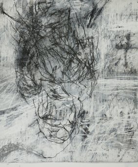 In A Shiny Bone under a Heavy Light, Sophie Cape draws lines in charcoal and white chalk around and through the outline of a head.