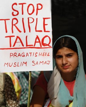 Activists of the Joint Movement Committee protest against triple talaq in New Delhi on Wednesday.