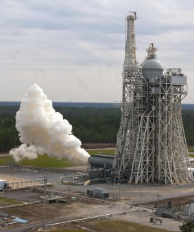 Steam billows from a test stand during a preliminary test of one system at NASA’s Stennis Space Centre in Mississippi.