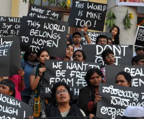 Activists from various Indian rights organisations demonstrate in Bangalore in 2012 against a pernicious Indian culture that too often turns a blind eye to sexual molestation. 