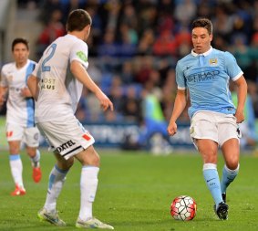 Samir Nasri of Manchester City looks to take on the defence during the international friendly match between Melbourne City and Manchester City at Cbus Super Stadium on the Gold Coast.