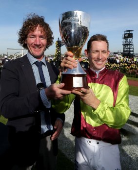 Great memory: Ciaron Maher and Hugh Bowman after winning the 2014 Crown Oaks