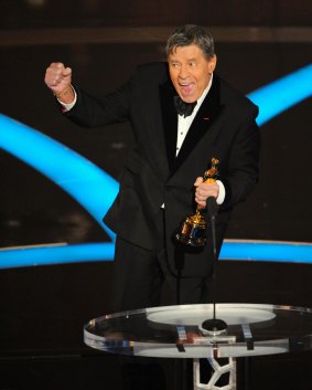Jerry Lewis accepts the Jean Hersholt Humanitarian Award by the Board of Governors of the Academy of Motion Picture Arts and Sciences at the 81st Academy Awards. Lewis became as famous for his fundraising telethons as for his movies.