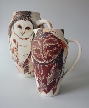 Shannon Garson: Large Barn Owl jug and Sooty Owl in the Grass jug.