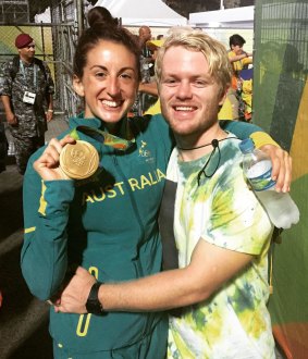 ACT Brumbies recruit Matt Lucas with partner Alicia Quirk after winning a rugby sevens gold medal at the Rio Olympic Games.