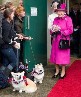The Queen greeted by well wishers with corgis during a visit to Sherborne Abbey in 2012.