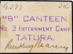 Mossgreen sale of internment bank notes: Tatura No. 3 Camp, B Canteen, three pence. Estimated price $1500.