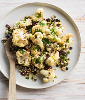 Crispy cauliflower with buckwheat, olives, capers and pinenuts.