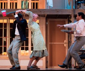 From left, Hugh Parker, Louise Siversen and Ray Chong Nee in Noises Off.