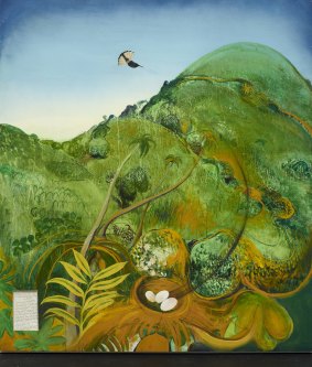 Brett Whiteley's <i>The green mountain (Fiji)</i> 1969, oil and collage on board, 137x122cm. 
Collection: Art Gallery of New South 
Wales, Sydney. Gift of Patrick White 1979.