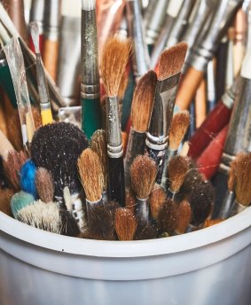 Paintbrushes in David Hockney's LA studio, April 2016. 