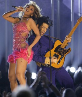 Beyonce, left, and Prince perform during the 46th Grammy Awards, in 2004.