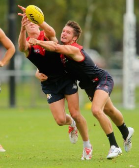 Jesse Hogan (right) during a training session on Tuesday.