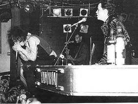 Nick Cave and Hugo Race on stage during the Bad Seeds' first US gig, New York, 1984.