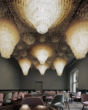 Panton's revived light installation in a dining room at the Swiss gallery complex, Kunsthalle Basel.