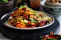 Kylie Kwong's stir-fried Hokkien noodles with chicken, chilli and coriander.