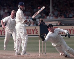 Alec Stewart is bowled by Shane Warne and caught by Ian Healy during the fifth Test at Trent Bridge, Nottingham,  England in 1997.  Australia scored 427 runs in the first innings.  (AP Photo/Rui Vieira)