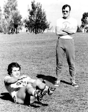 A 1977 photo of Terry Fearnley, watching over Graham Eadie, at a training camp for the Australian Rugby League team at Narellan during the World Cup.