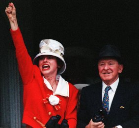 Gai Waterhouse and TJ Smith watch Pharoah win the 1995 Doncaster.