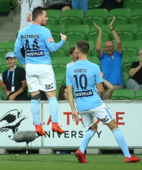 Melbourne's Scottish international Ross McCormack after scoring his team's fifth and final goal of the match against Adelaide at AAMI Park.