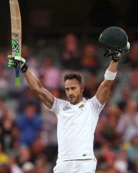 Saving face: South Africa's Faf du Plessis made 100 against Australia on the first day in Adelaide.
