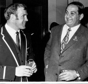 Hannes Marais (left), captain of the Springboks, chats with Shehadie, then Deputy Lord Mayor, at a civic reception, 1971.