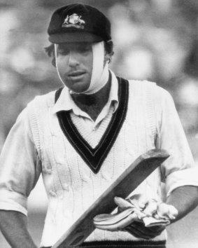 Famous act of courage: Rick McCosker batting with a broken jaw during the 1977 Centenary Test at the MCG.