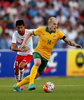 The Socceroos are Adelaide-bound for their rematch against Tajikistan in April. Pictured: Aaron Mooy at the Central Republic Stadium in Dunshanbe in September.