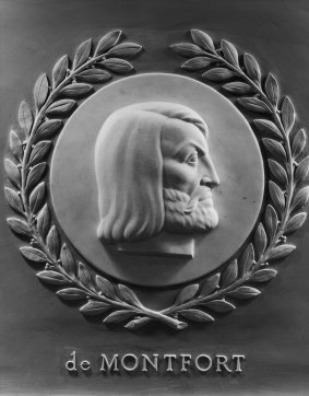 A marble relief portrait of Simon de Montfort by artist Gaetano Cecere installed in the House Chamber of the United States Congress.