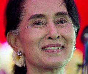 Myanmar's opposition leader Aung San Suu Kyi at a press conference at her home in Yangon, Myanmar on Thursday.