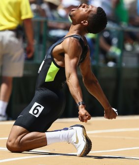 Johnny Dutch, pictured here at the USATF Outdoor Championships at Hornet Stadium in 2014 with a Nike logo clearly visible on his shoe. 